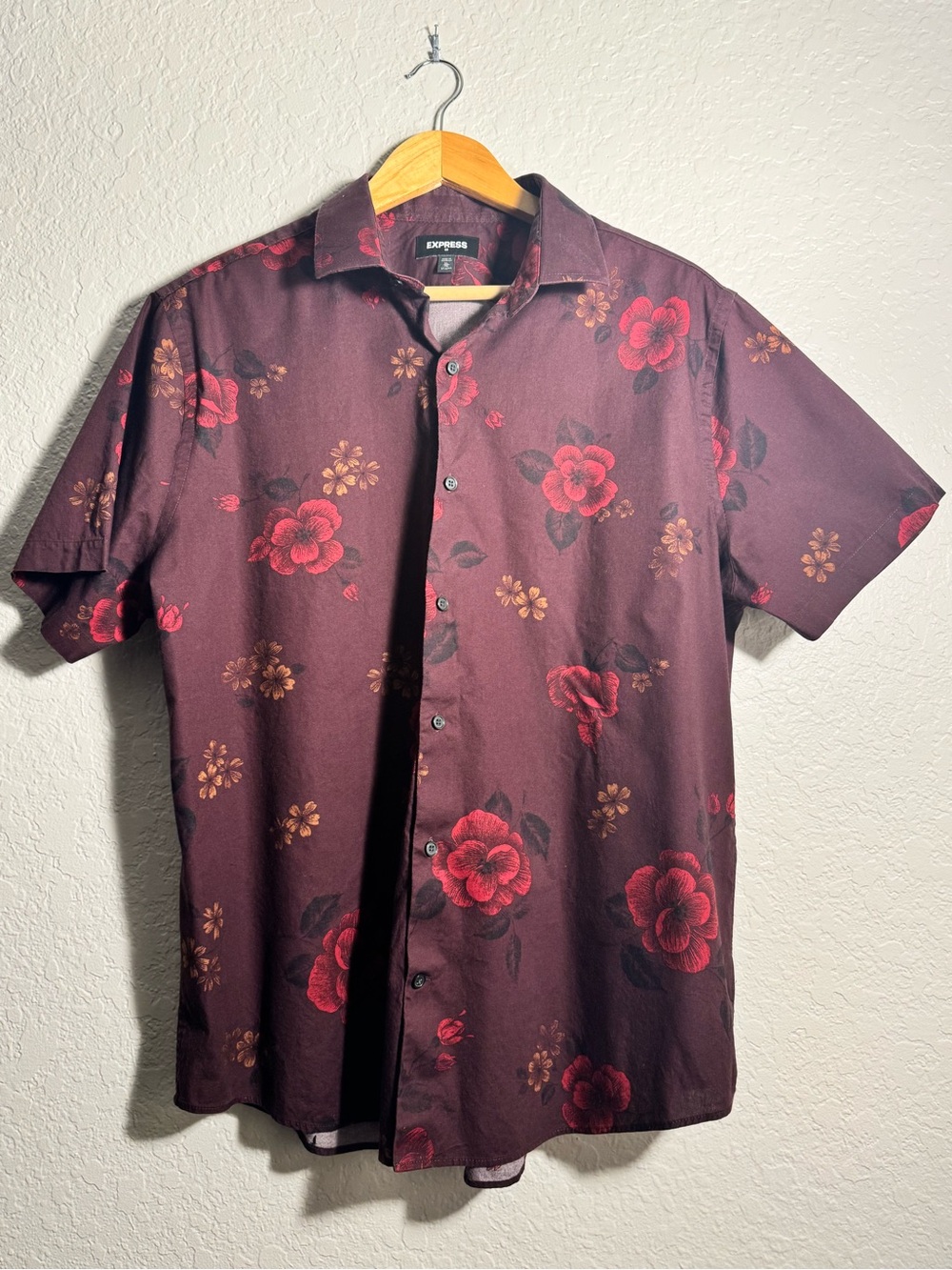 Express Men's Floral Short Sleeve Button Up Shirt Burgundy Red Size XL